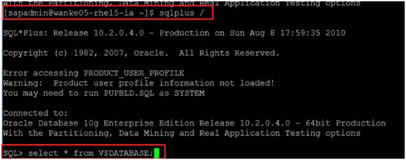 Inicie sesión en la base de datos de SAP para verificar que la cuenta puede acceder a las bases de datos de Oracle.
