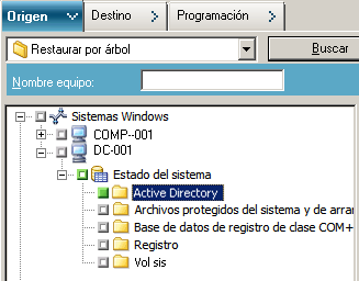 Ficha Origen con el tipo de restauración Restaurar por árbol seleccionado.
