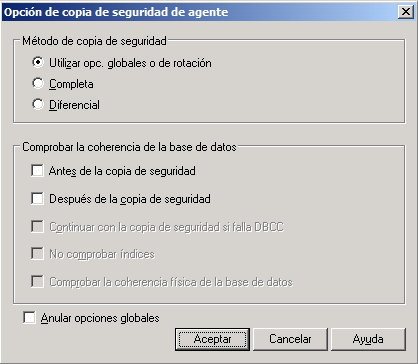 Cuadro de diálogo Opciones de copia de seguridad de agente