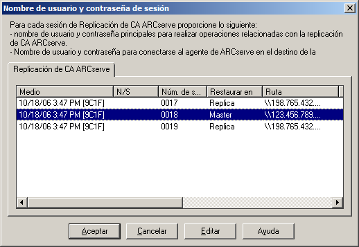 Restaurar por sesión: cuadro de diálogo Nombre de usuario y contraseña de sesión