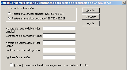 Restaurar por sesión: cuadro de diálogo Introducir nombre usuario y contraseña para sesión de replicación de CA ARCserve