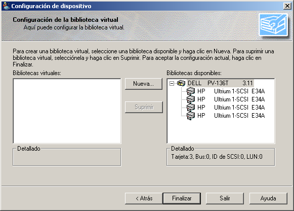 Configuración de la biblioteca virtual. Los dispositivos se muestran en el campo Bibliotecas disponibles.
