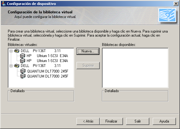 Configuración de dispositivo. Cuadro de diálogo Configuración de la biblioteca virtual. Las bibliotecas disponibles se muestran en el campo Bibliotecas virtuales.