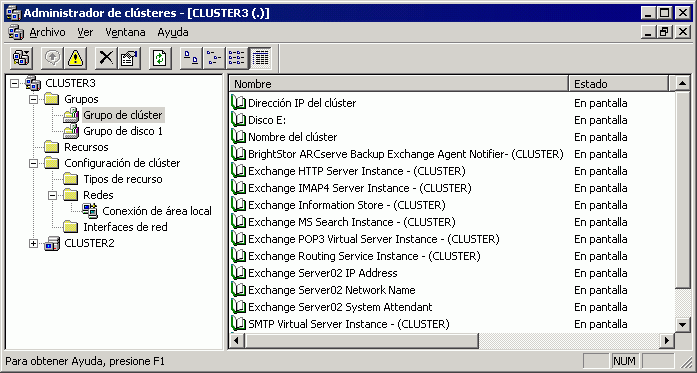 grupo de clústeres que muestra estados de servicios