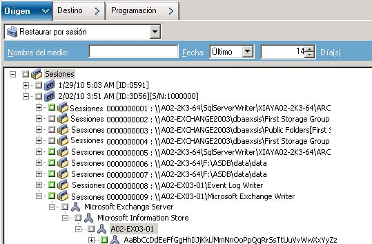 Ficha Origen con el tipo de restauración Restaurar por sesión seleccionado.