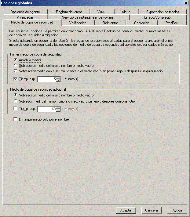 Configuración de la tarea previa en el cuadro de diálogo Opciones globales