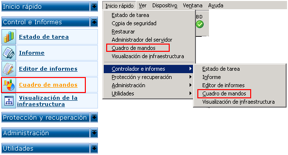Abrir cuadro de mandos desde el menú Inicio rápido.