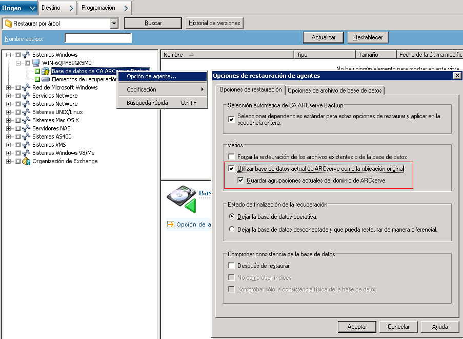 Gestor de restauración: cuadro de diálogo Opciones del Agente de restauración