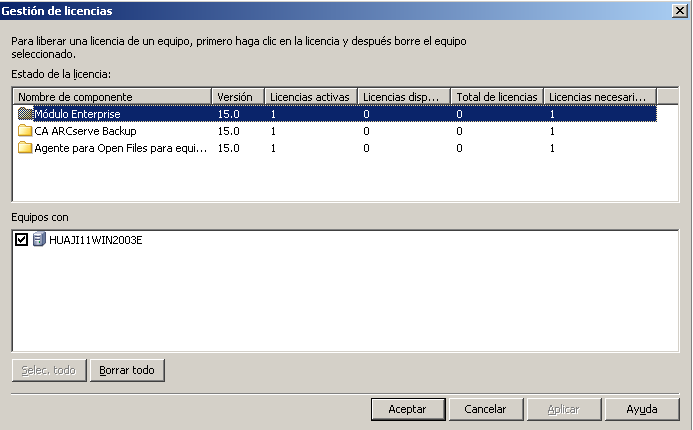 Cuadro de diálogo Gestión de licencias: muestra la cantidad de licencias aplicadas y los servidores asociados con la licencia seleccionada.