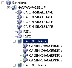 Ilustración: El gestor de dispositivos muestra servidores de ARCserve con bibliotecas.