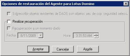 Ilustración de la ventana Opciones de restauración del Agente para Lotus Domino