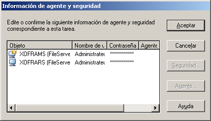 cuadro de diálogo Información de agente y seguridad
