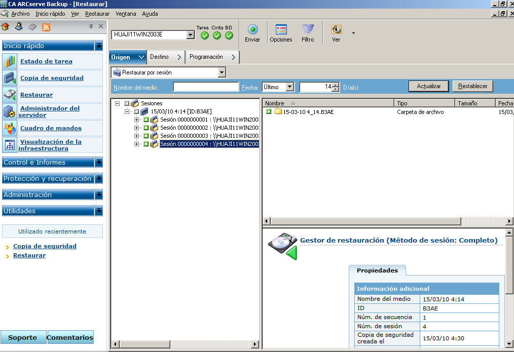 Gestor de restauración, Restaurar por sesión