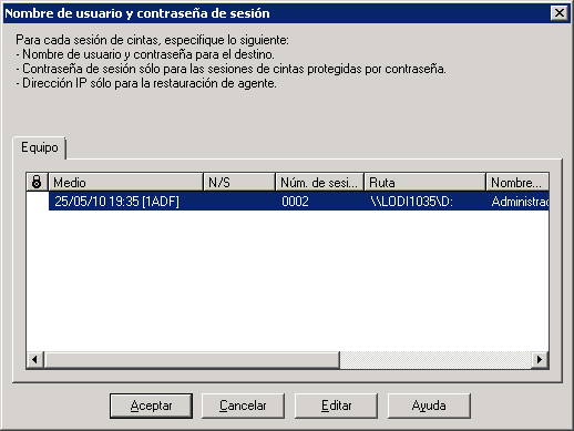 Cuadro de diálogo Nombre de usuario y contraseña de sesión