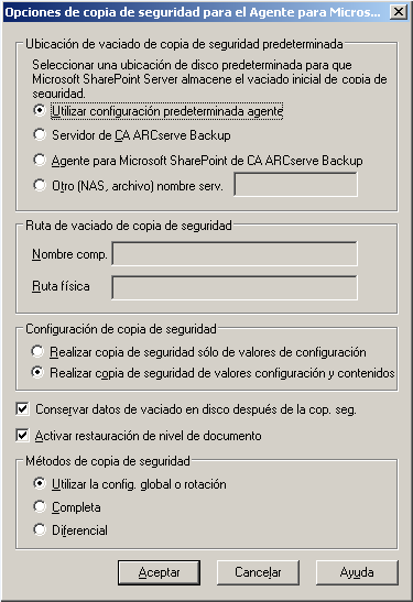 Cuadro de diálogo Opciones de copia de seguridad para el Agente para Microsoft SharePoint