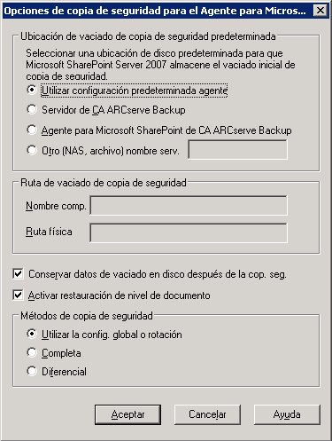 Cuadro de diálogo Opciones de copia de seguridad en SharePoint Server 2007