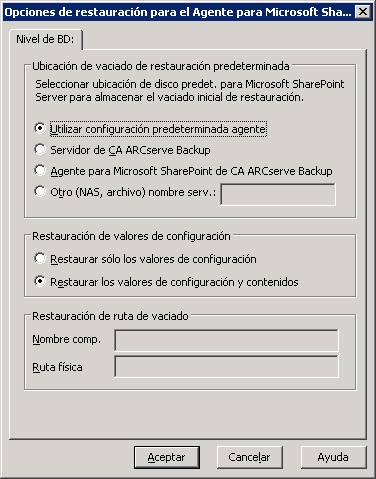 Opciones de restauración del Agente en Microsoft SharePoint