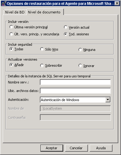 Cuadro de diálogo Opciones de restauración de nivel de documento en Microsoft SharePoint