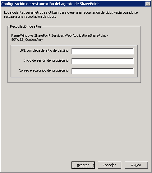 Cuadro de diálogo Configuración de la restauración del agente en Microsoft SharePoint