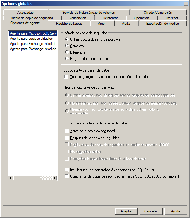 Haga clic en el botón Opciones en la barra de herramientas y a continuación elija la ficha Opciones de agente para acceder a Opciones de agente/Opciones globales.