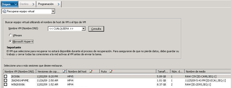 Pantalla de recuperación de VM del gestor de restauración.