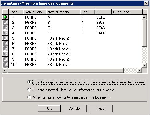 Boîte de dialogue Inventaire/Mise hors ligne des logements Inventaire standard - Toutes les informations de média de lecture sont spécifiées.
