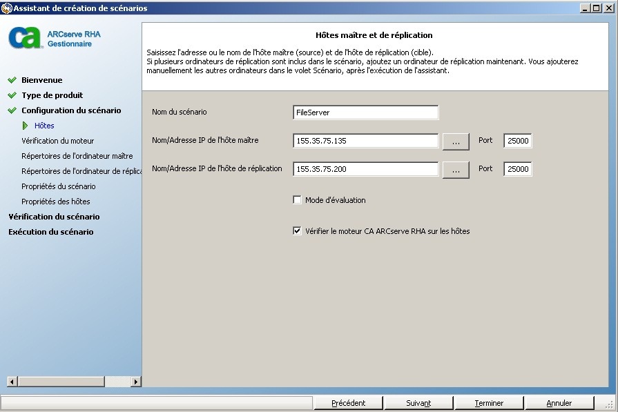 fenêtre Hôtes maître et de réplication