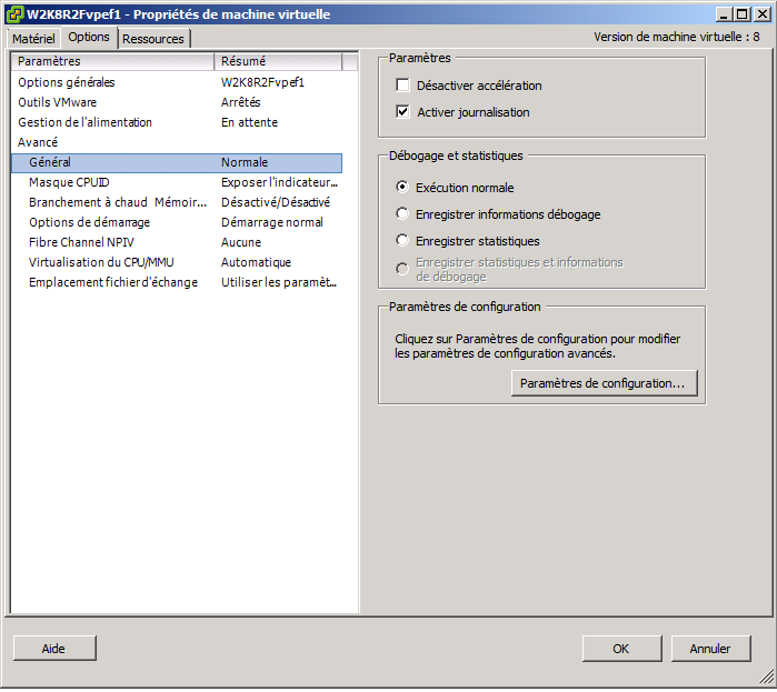 Boîte de dialogue Propriétés de machine virtuelle Cliquez sur Général, puis sur Paramètres de configuration.