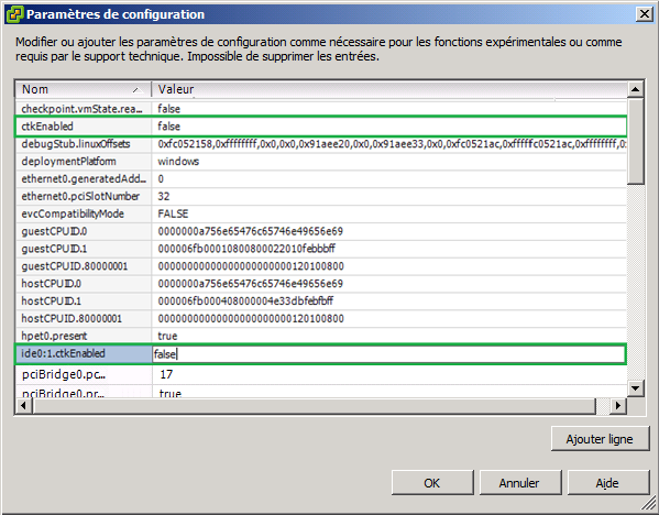 Boîte de dialogue Paramètres de configuration. Localisez l'objet et définissez la valeur False