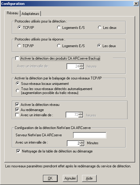 Boîte de dialogue Configuration de la détection Les options par défaut sont spécifiées.