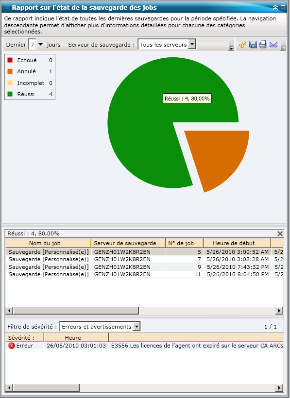 Rapport sur l'état de la sauvegarde des jobs : Graphique à secteurs détaillé