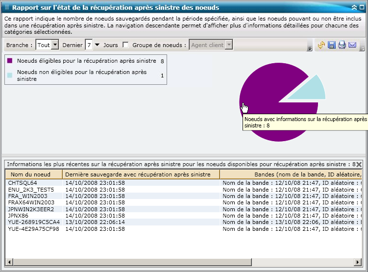 Rapport sur l'état de la récupération après sinistre des noeuds : Graphique à secteurs détaillé