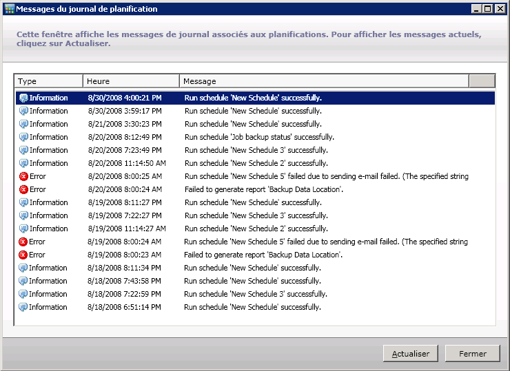 Fenêtre Messages du journal de planification