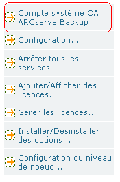 Option de compte système de CA ARCserve Backup dans la vue de propriétés