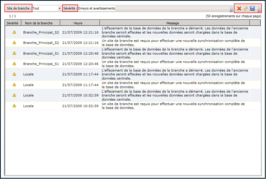 Volet de messages du gestionnaire central