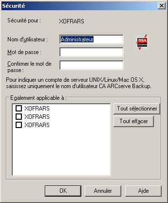 Sécurité, boîte de dialogue