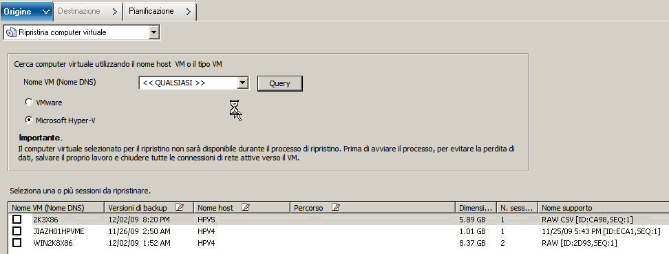Schermata Ripristina VM di Gestione ripristino