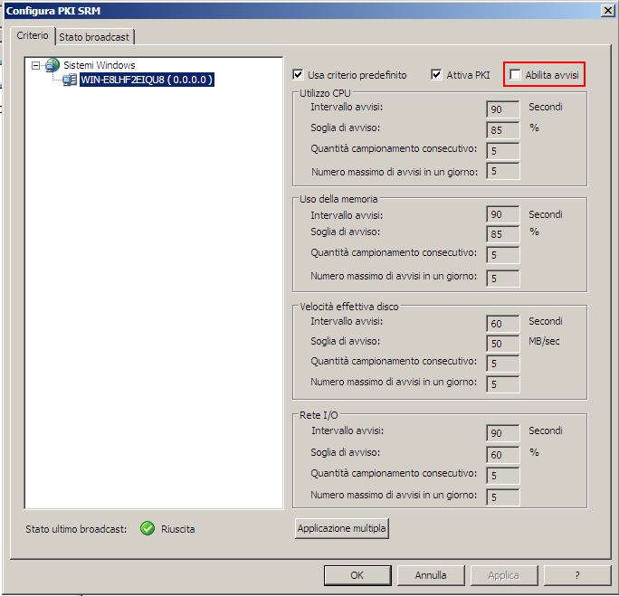 Finestra di dialogo Configura SRM PKI. L'opzione Abilita avvisi è evidenziata.