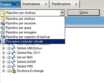 Finestra Gestione ripristino con scheda Origine selezionata Il metodo selezionato è Ripristino dei computer virtuali.