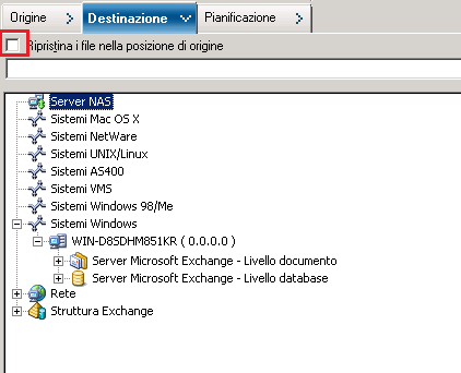 La finestra Gestione ripristino e la scheda Destinazione sono selezionate. Viene evidenziata l'opzione Ripristina i file nella posizione di origine.