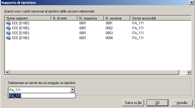 Finestra di dialogo Supporto di ripristino: elenco a discesa per il ripristino di un server SAN.