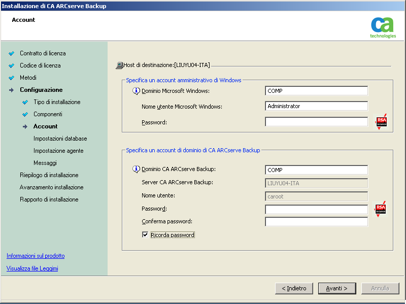 Finestra di dialogo Programma di installazione: Account.