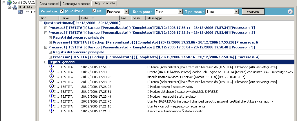 Gestione stato processi -Registro attività - Dominio ARCserve contenente server membri.