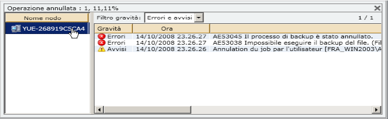 Rapporto Stato di backup dei nodi - Drill-down dell'elenco di rapporto