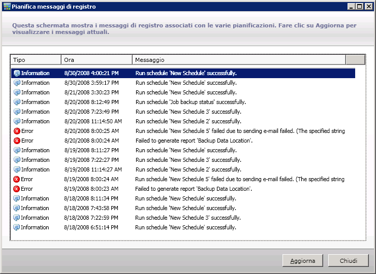 Finestra di pianificazione messaggi di registro