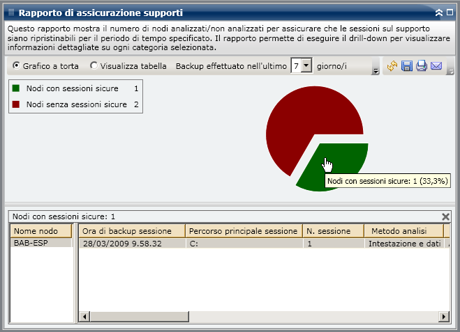 Rapporto di verifica supporti - Drill-down del grafico a torta