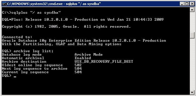 Verifica della modalità ARCHIVELOG