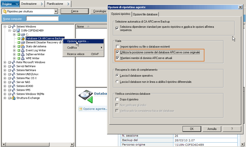 Gestione ripristino agente - Ripristino della finestra di dialogo Opzioni