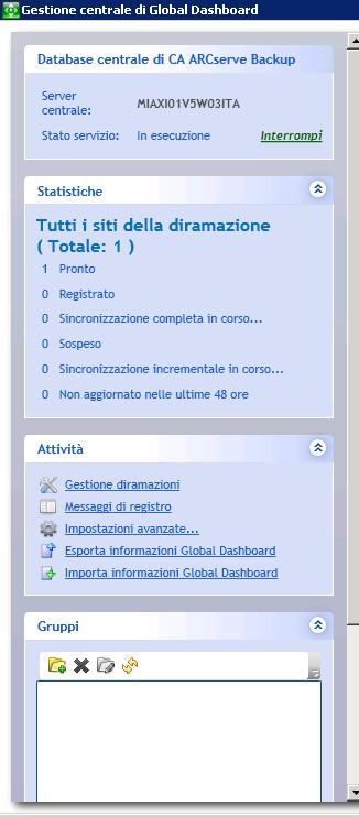 Dashboard globale Gestione centrale - stato e barra di spostamento