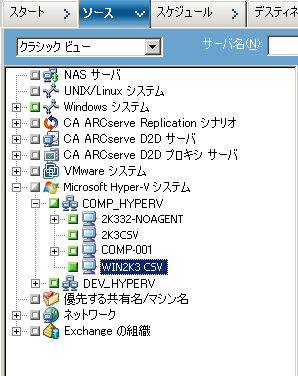バックアップ マネージャの［ソース］タブ。 Hyper-V VM を参照。